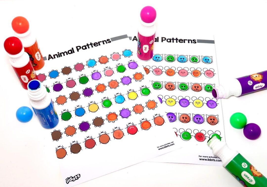 The picture of animals and fruits attracts kids, followed by mathematical exercise and coloring with iidots markers.