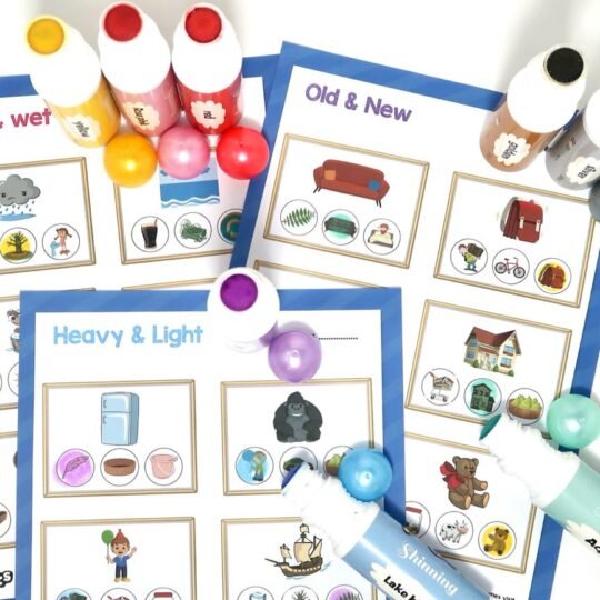 The worksheets developed by iidots offer a wide range of exercises, each featuring four pictures. Children are prompted to identify concepts such as Old-New, Dry-Wet, Heavy-Light. These worksheets introduce children to various elements in their surroundings and help them develop the ability to identify objects through pictures.