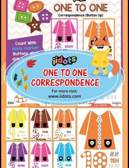 The 'iidots' one-to-one correspondence worksheet includes exercises where children write numbers below and count numbers in the upper photos. These exercises provide children with an easy way to learn early number correspondence.