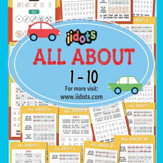 The 'iidots' worksheet set consists of 21 worksheets, each containing tasks based on numbers from 1 to 10. Below, digits are written, and in the graphs above, dots are drawn to match the number of written digits. This enhances children's observation skills and with repeated practice, children easily engage in learning.