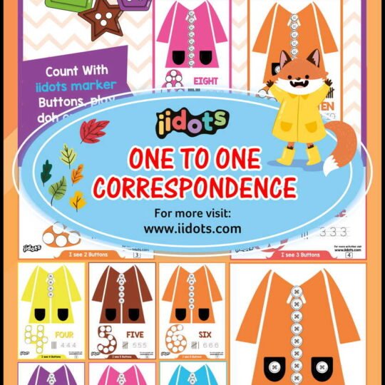 iidots carefully designed one to one correspondence worksheets, the foundation of mathematics for toddlers, using abstract objects. The child can dab on the outline of each number, side by side put buttons on each coat.