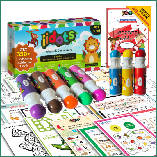 This iidots markers include a set of 8 washable dot markers along with a collection of 40 printed worksheets. Additionally, we provide a scannable barcode to download 350+ worksheets. The Dot markers are in eight colors: Blue, Green, Magenta, Purple, Orange, Brown, Yellow, and Red.