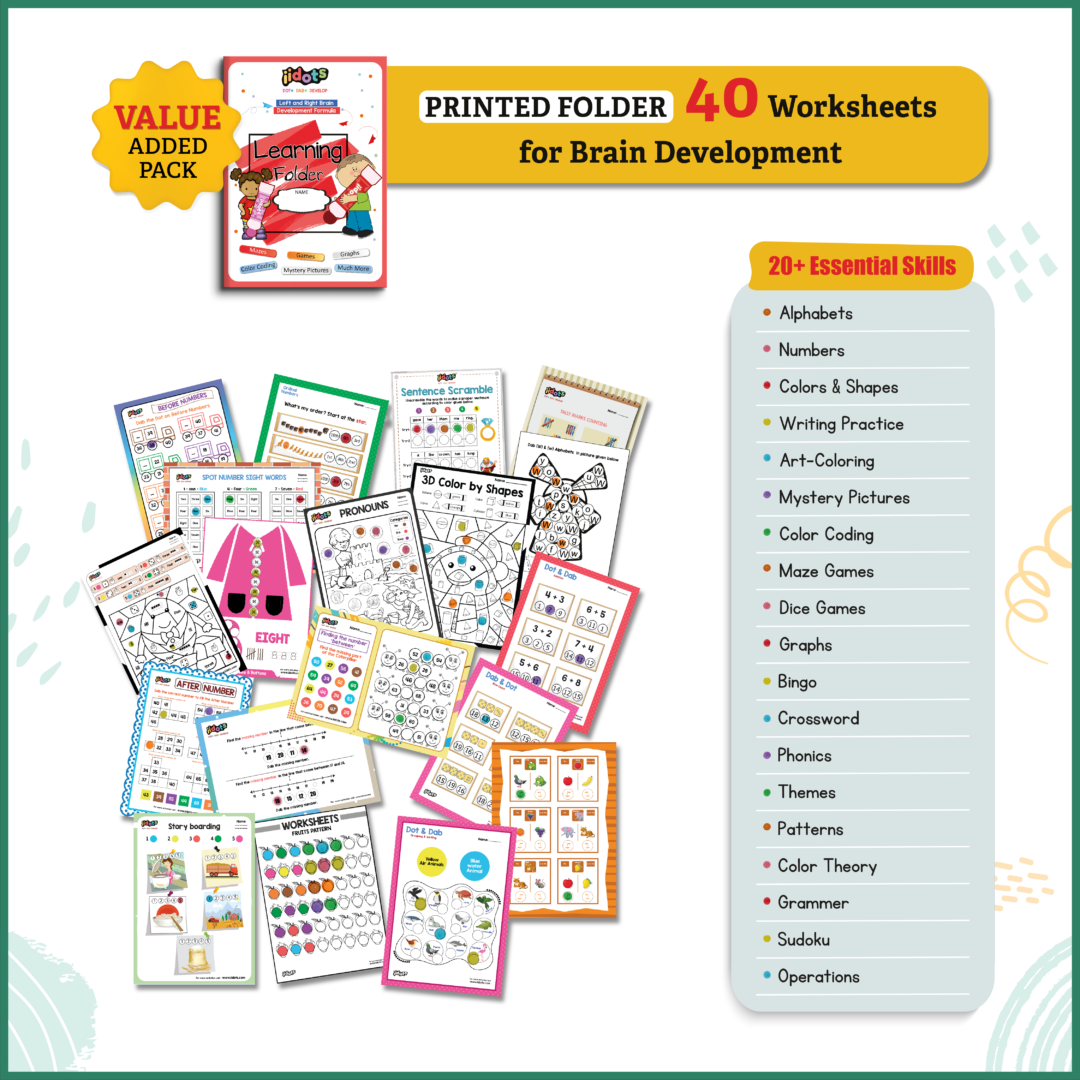 The iidots worksheet offers an opportunity to enhance 20+ essential skills in early childhood learning. A set of worksheets based on alphabets, shapes, art-colouring, maze & dance games, crosswords, and phonics provides playing activities that make learning easy for toddlers.