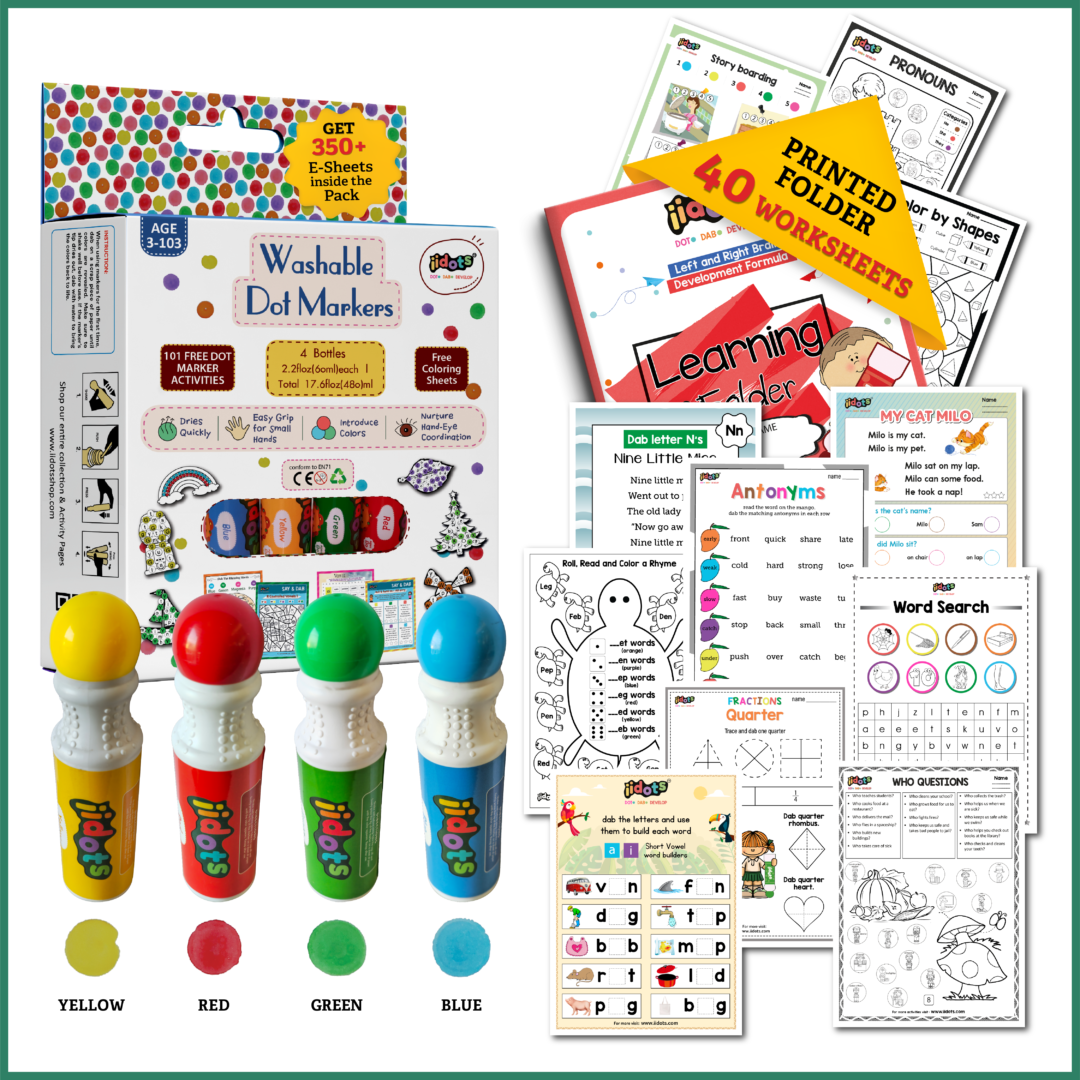 Our products include a set of 4 rainbow washable dot markers along with a collection of 40 printed worksheets. Additionally, we provide a scannable barcode to download 350+ worksheets. The Dot markers are in four colors: Yellow, Red, Green and blue.