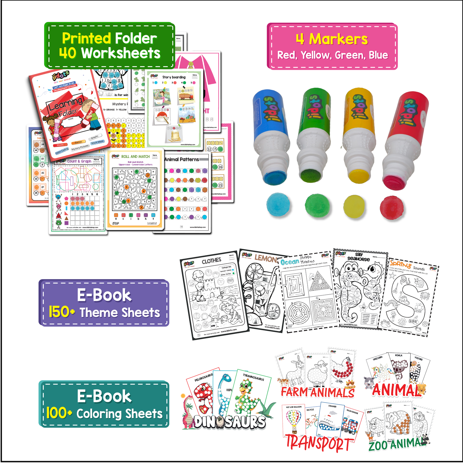 40 worksheets based on different themes for brain development. The set of 4 different colours markers provides a playful learning experience. 150+ E-book theme sheets and 100+ Coloring sheets ensure mastery of hand dexterity and nurturing the development of fine motor skills.